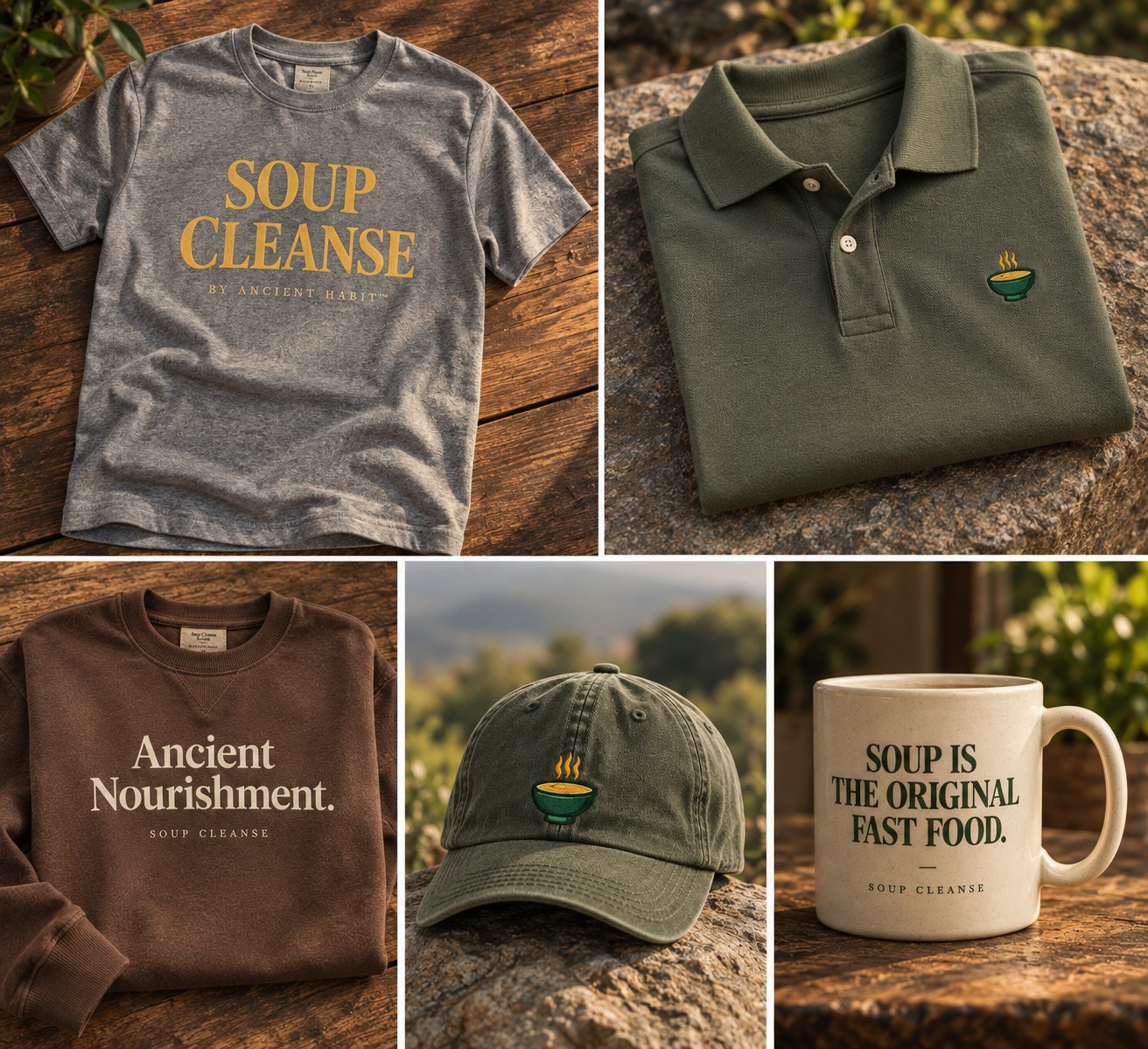 The five pieces of the Soup Cleanse Goods collection laid out together: a heather grey tee, an olive polo, a brown sweatshirt, an olive cap, and a speckled cream mug.