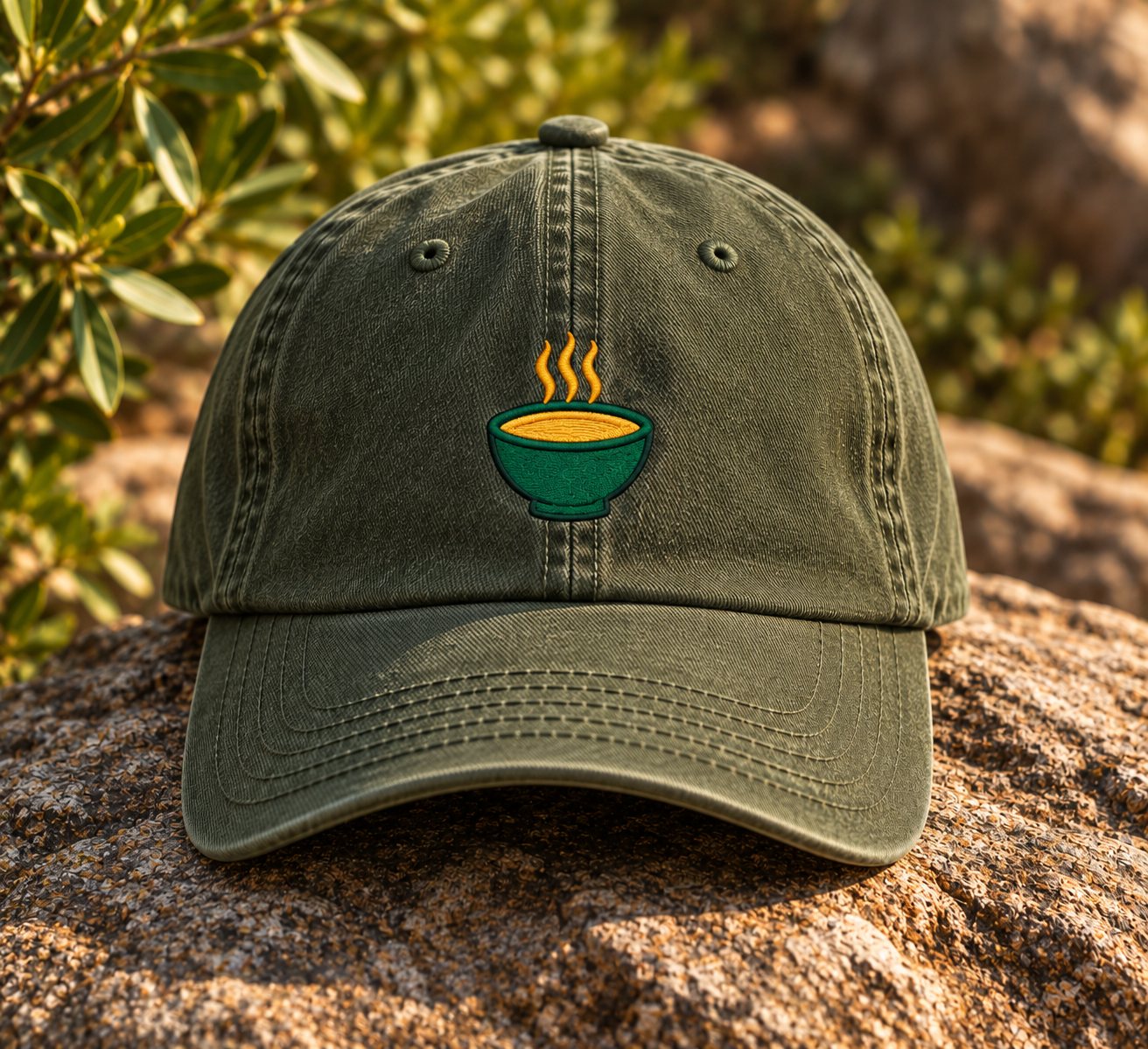 Washed olive baseball cap with the Soup Bowl icon embroidered high on the center front panel.