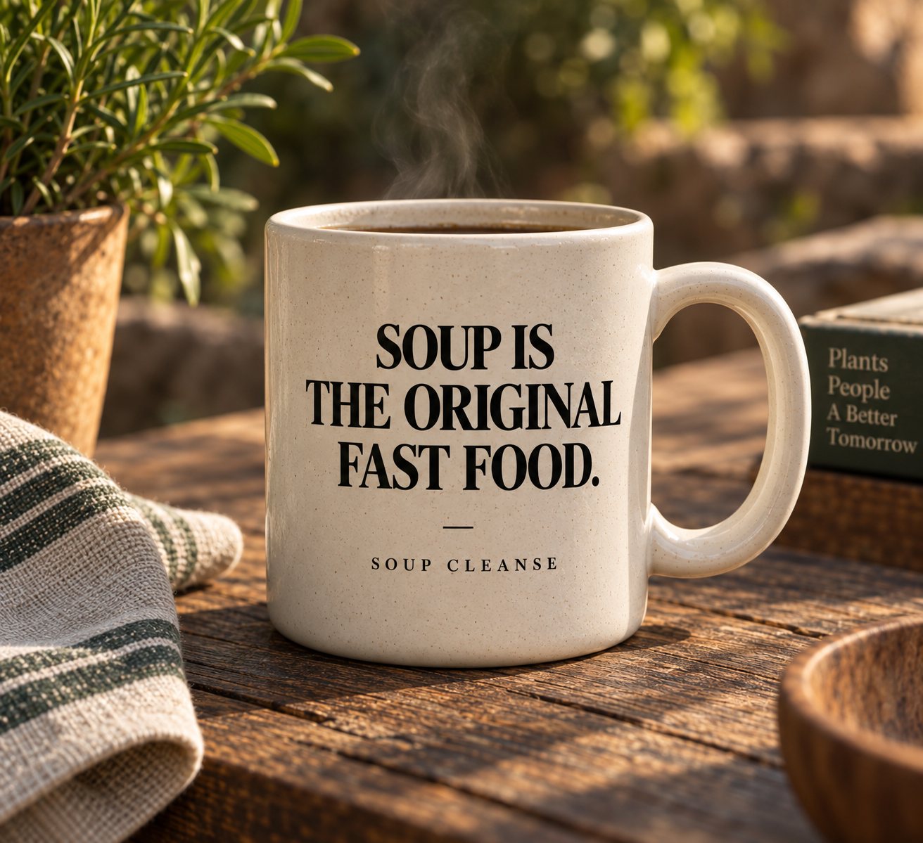 Speckled cream ceramic mug reading SOUP IS THE ORIGINAL FAST FOOD, with SOUP CLEANSE beneath, steaming on a wooden table.
