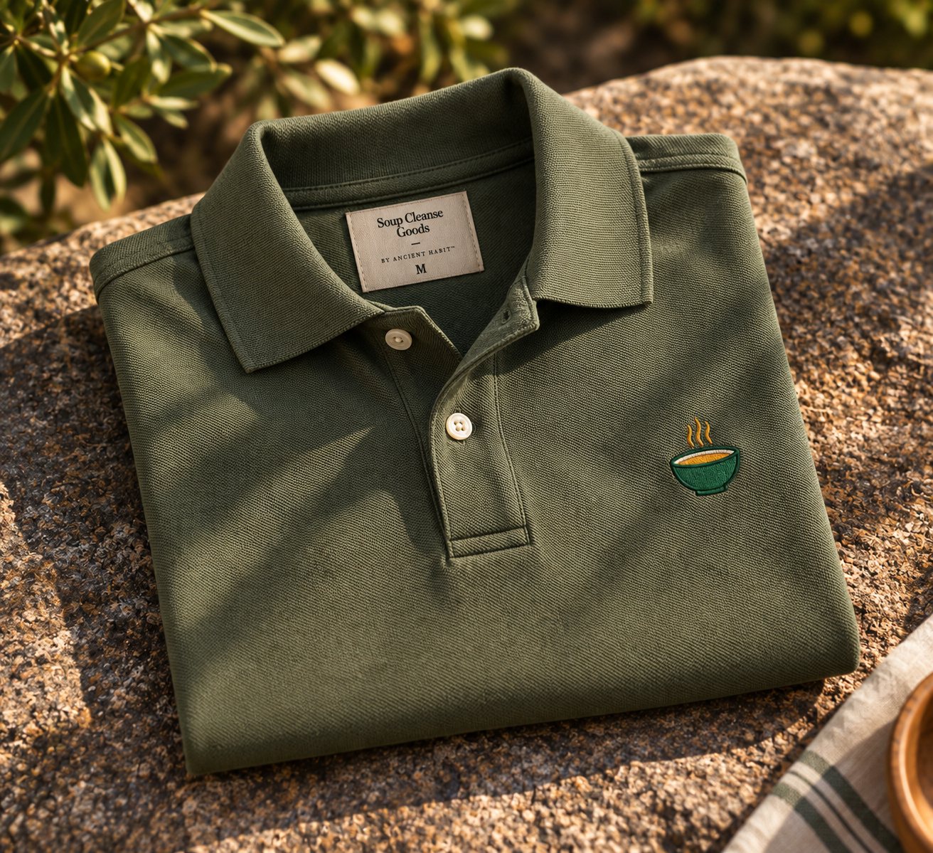 Earthy olive premium polo with a small embroidered Soup Bowl icon on the left chest, folded on a stone.