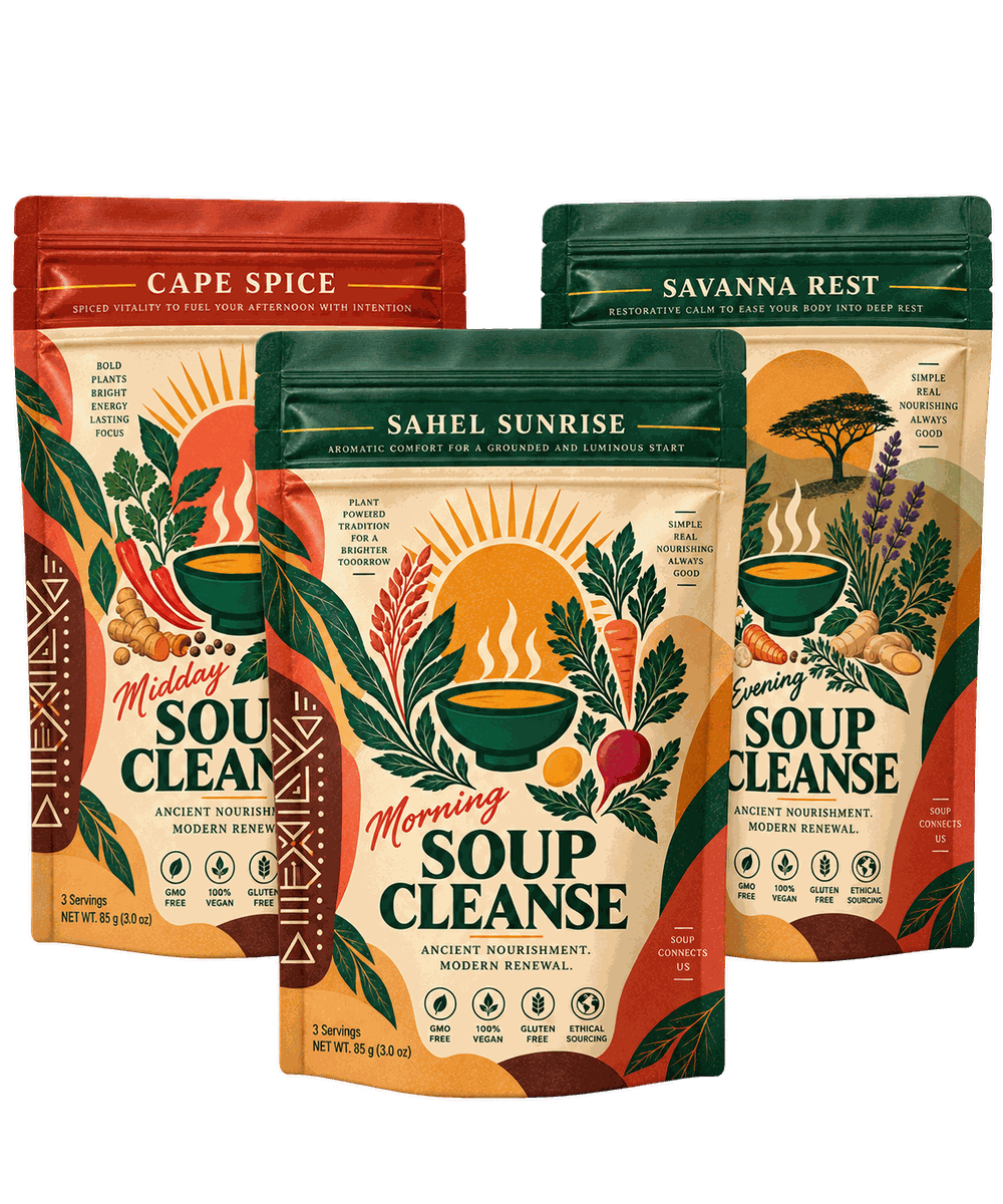 The three Soup Cleanse pouches: Sahel Sunrise, Cape Spice, and Savanna Rest