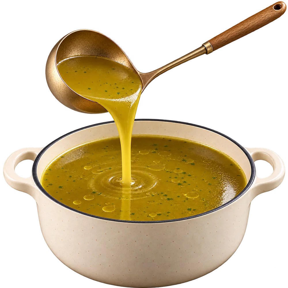 A ladle pouring golden broth into a cream pot