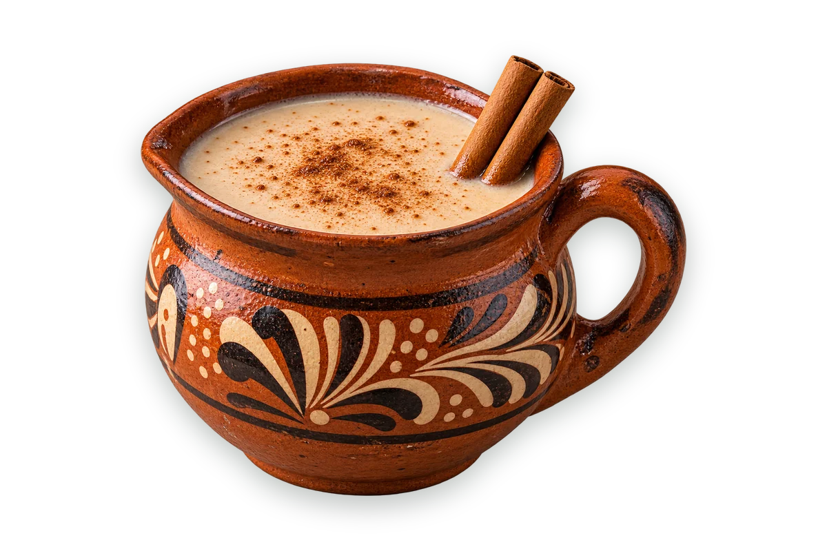 Atole in a terracotta jug with two cinnamon sticks