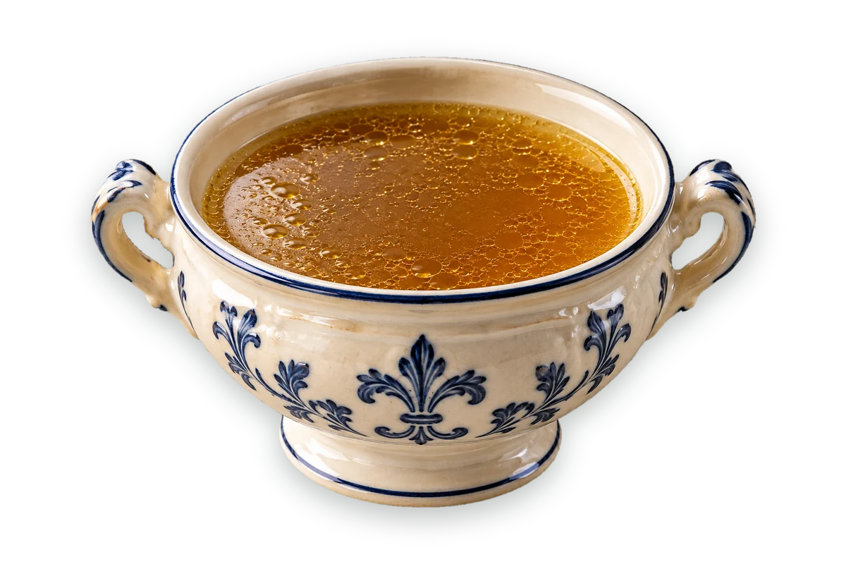 Golden bouillon in a cream-and-blue two-handled tureen