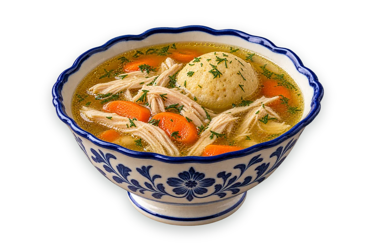 Chicken soup with a matzo ball in a scalloped blue-and-white bowl