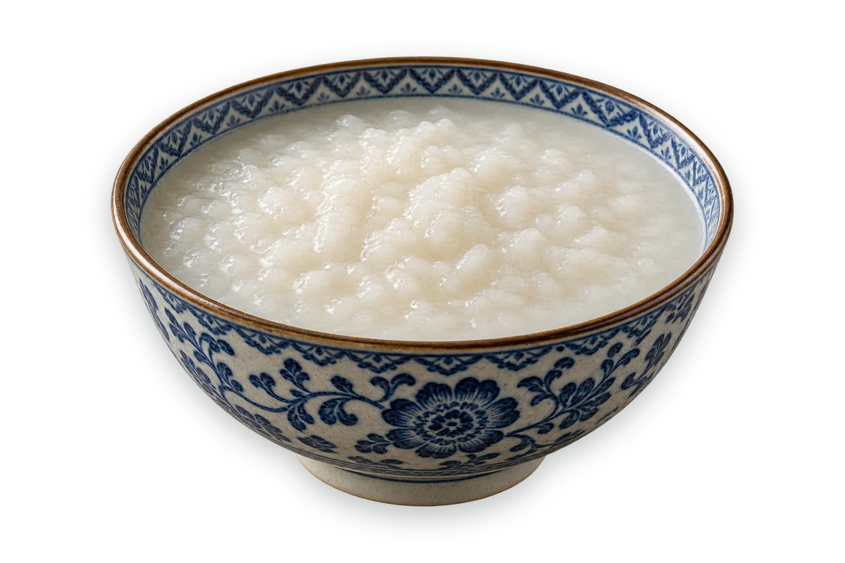 A bowl of white congee in a blue-and-white porcelain bowl