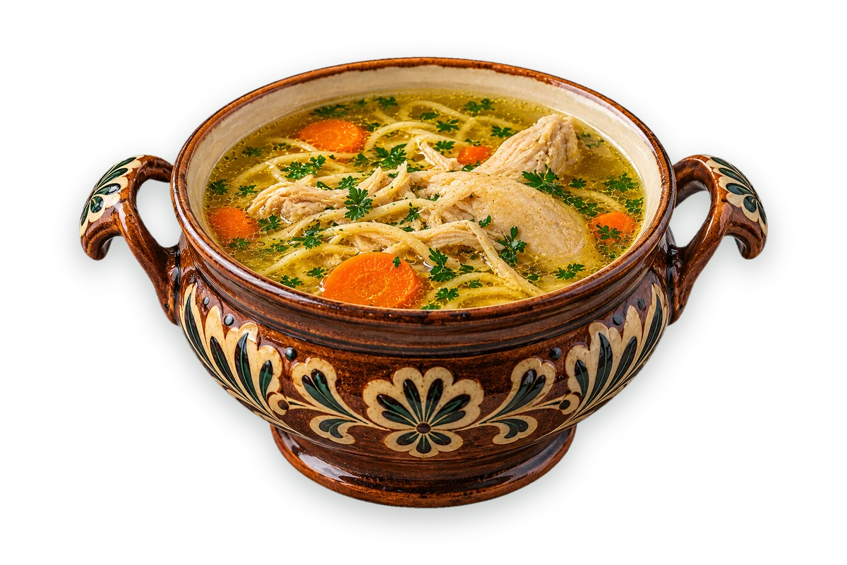Ros&oacute;ł with noodles and carrots in a folk-pottery tureen