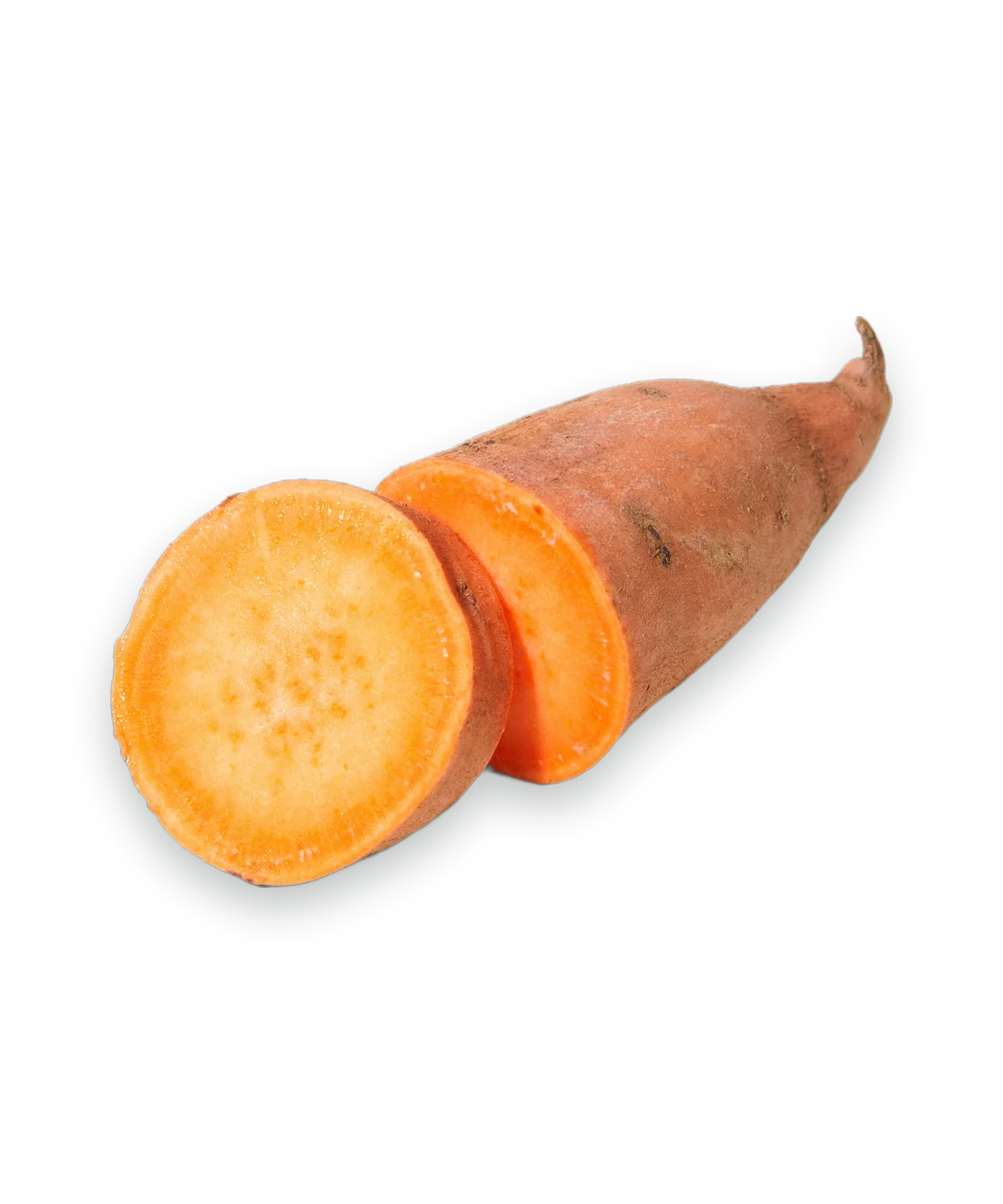 A sweet potato, cut open to show its orange flesh