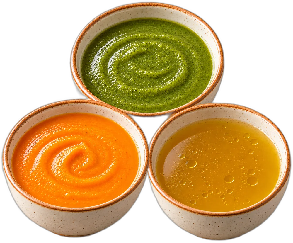 Three bowls of soup: carrot, green herb, and golden broth
