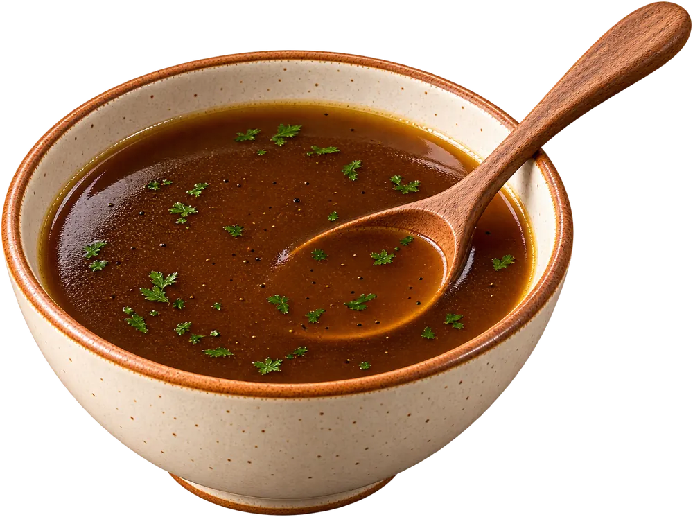 A speckled ceramic bowl of dark amber broth with parsley and a wooden spoon