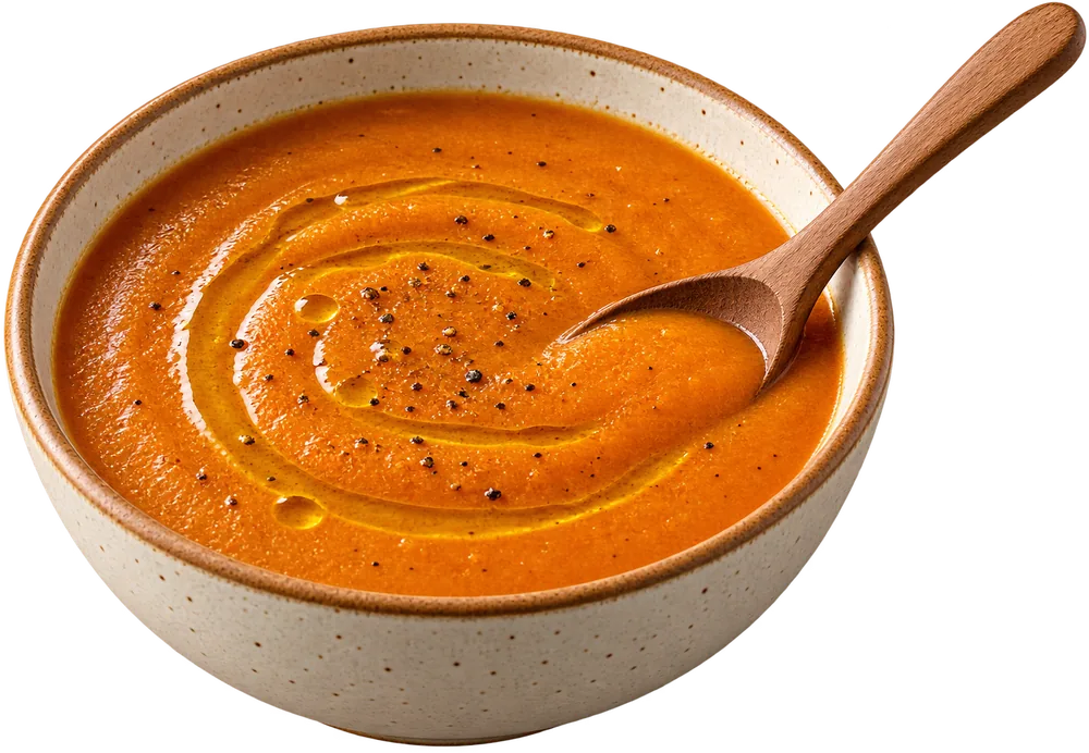 A bowl of orange soup with a wooden spoon and a swirl of oil