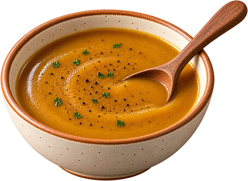 A speckled ceramic bowl of golden blended squash soup with parsley, black pepper, and a wooden spoon