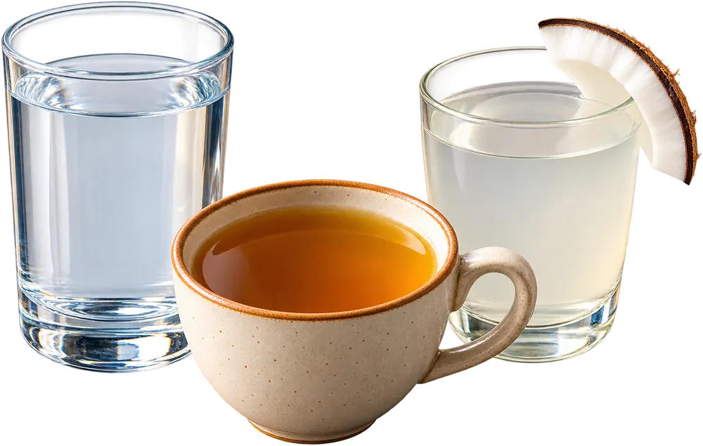 A glass of water, a cup of amber broth, and a glass of coconut water with a coconut slice
